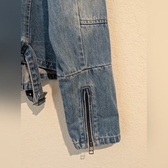 Elaine Turner Medium Wash Faded Asymmetric Full Zip Denim Jean Moto Jacket Biker - Picture 6 of 10